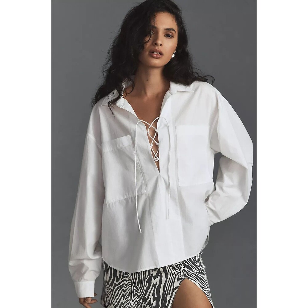 Mother The Roomie Lace-Up Long Sleeve White Cotton Oversized Shirt Top Size XS